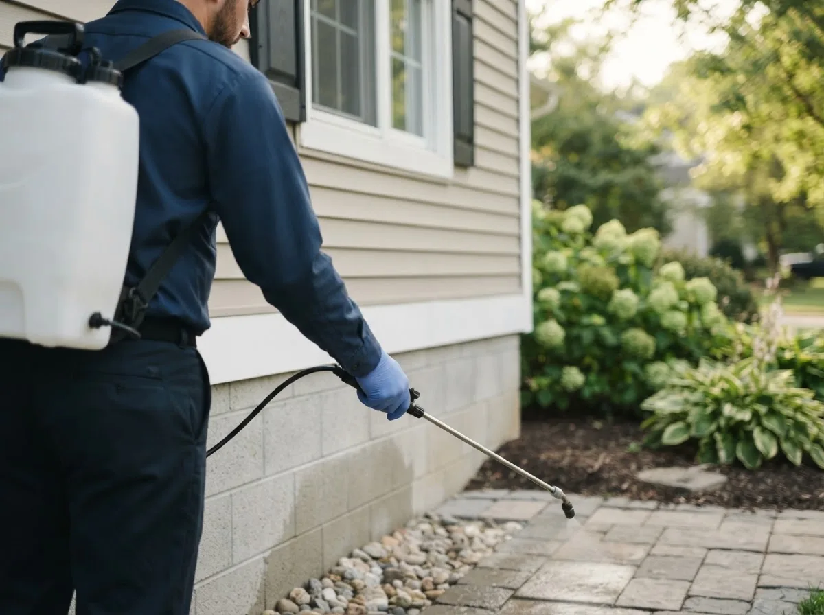 Pest control technician inspecting a home in Rockville, NE